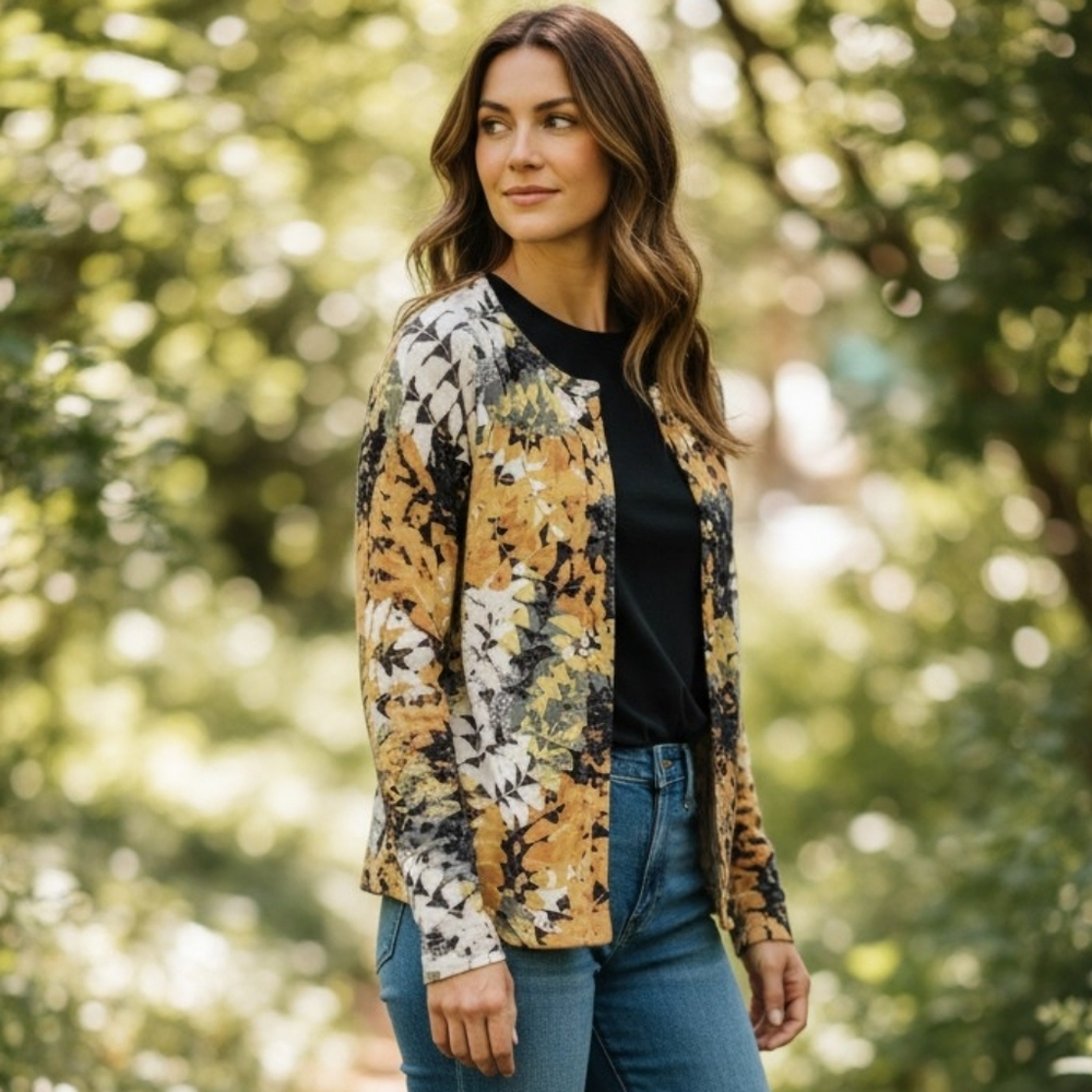 Worth Cardigan Multi Color Luxury Wool Winter Leaf Pattern Gold Spring Fall Chic